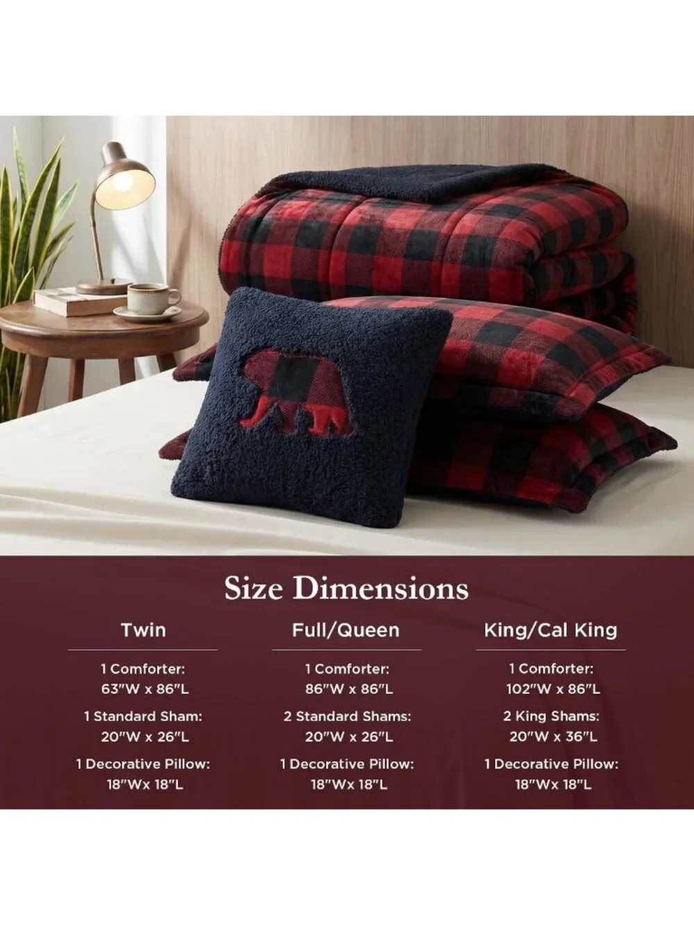 Cozy Reversible Sherpa King Comforter Set, Soft Plush Red & Black 4PC Bedding
